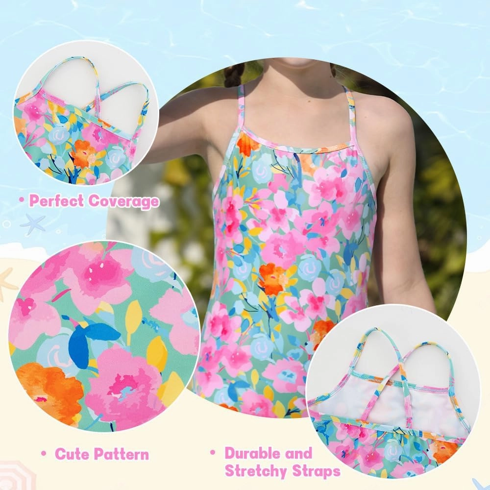 Belovance Girls Swimsuits One Piece Bathing Suit Crossback Straps Cute Toddler Kids Pool Beach Swimwear Quick Dry 4-12 Years