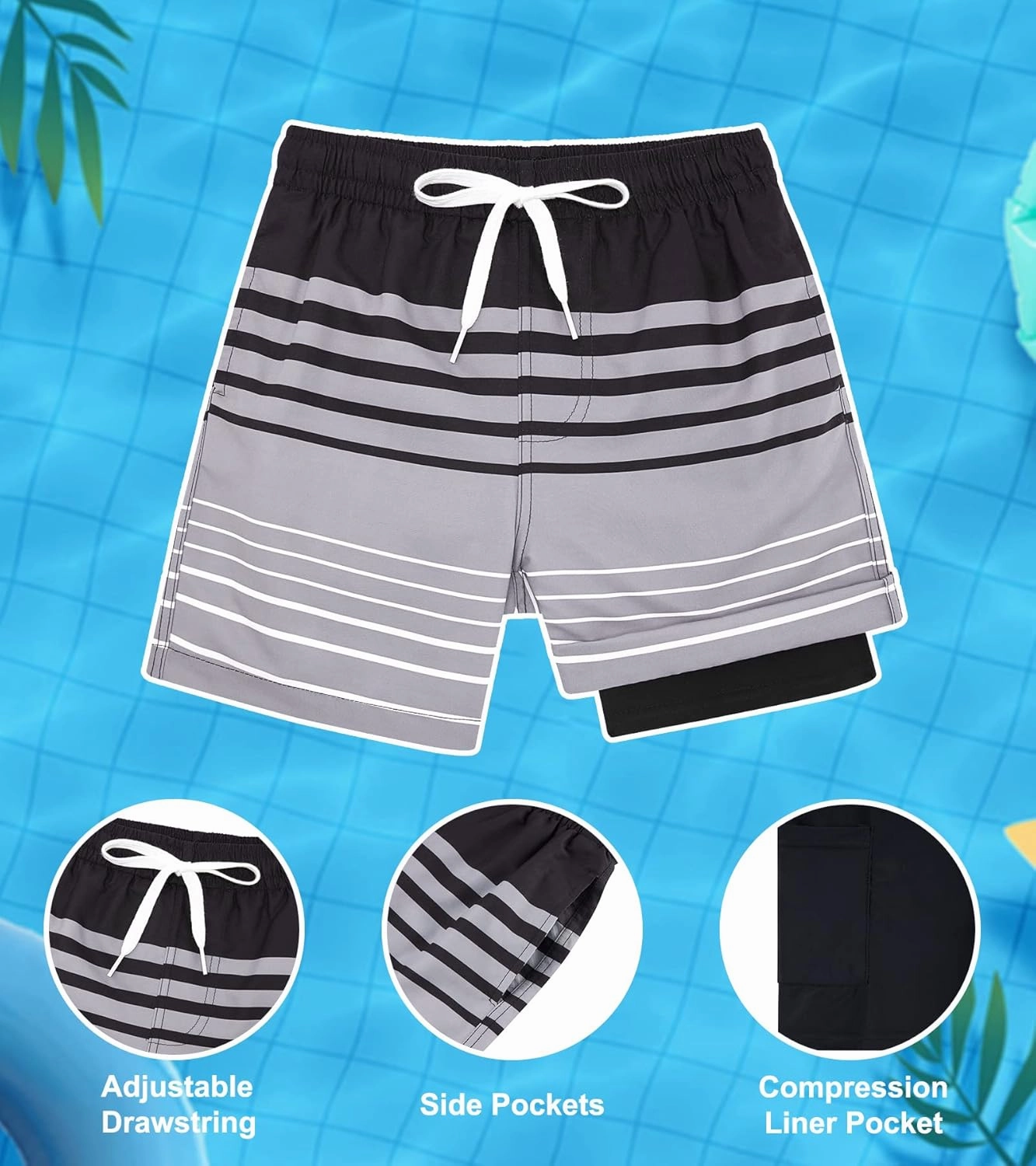 Belovecol Boys Swim Trunks with Compression Liner Anti-Chafe Swim Shorts Quick Dry UPF 50  Bathing Suits Swimwear 7-20T