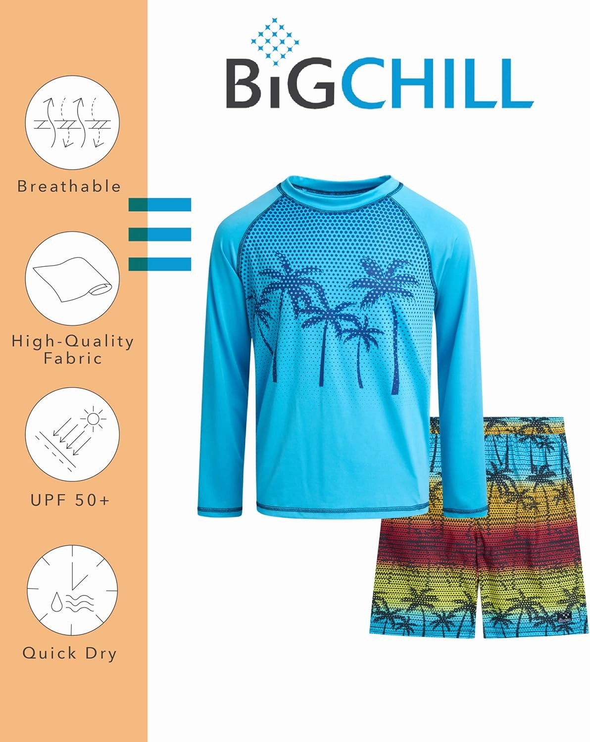 Big Chill Boys Rash Guard Set - 2 Piece UPF 50  Long Sleeve Swim Shirt and Bathing Suit Swim Trunks for Boys (Sizes: 4-14)