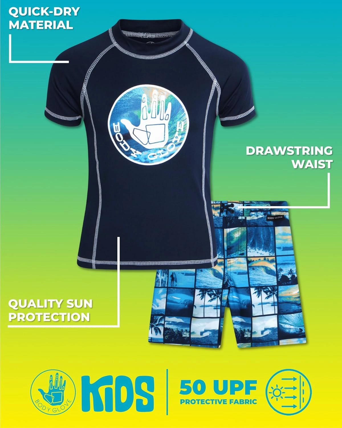 Body Glove Boys Swim Set - 2 Piece Boys Swim Trunks with Rash Guard UV Protection Swimsuit Kids Bathing Suits (Sizes 4-12)
