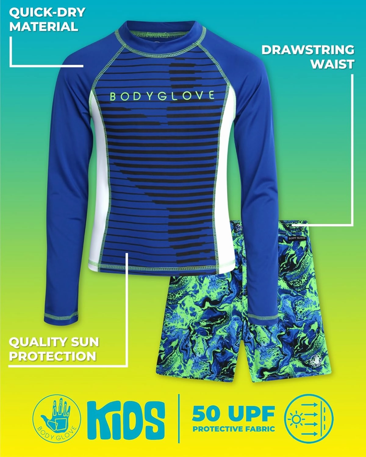 Body Glove Boys Swim Set - 2 Piece Boys Swim Trunks with Rash Guard UV Protection Swimsuit Kids Bathing Suits (Sizes 4-12)