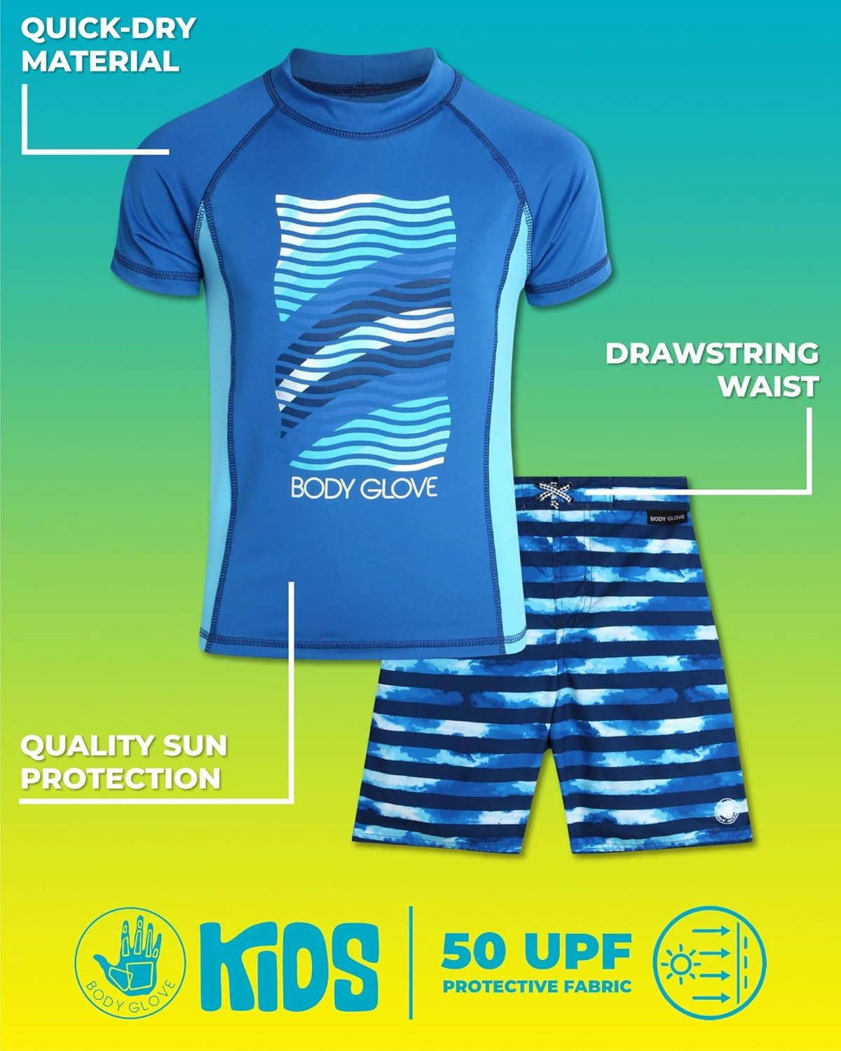 Body Glove Boys Swim Set - 2 Piece Boys Swim Trunks with Rash Guard UV Protection Swimsuit Kids Bathing Suits (Sizes 4-12)