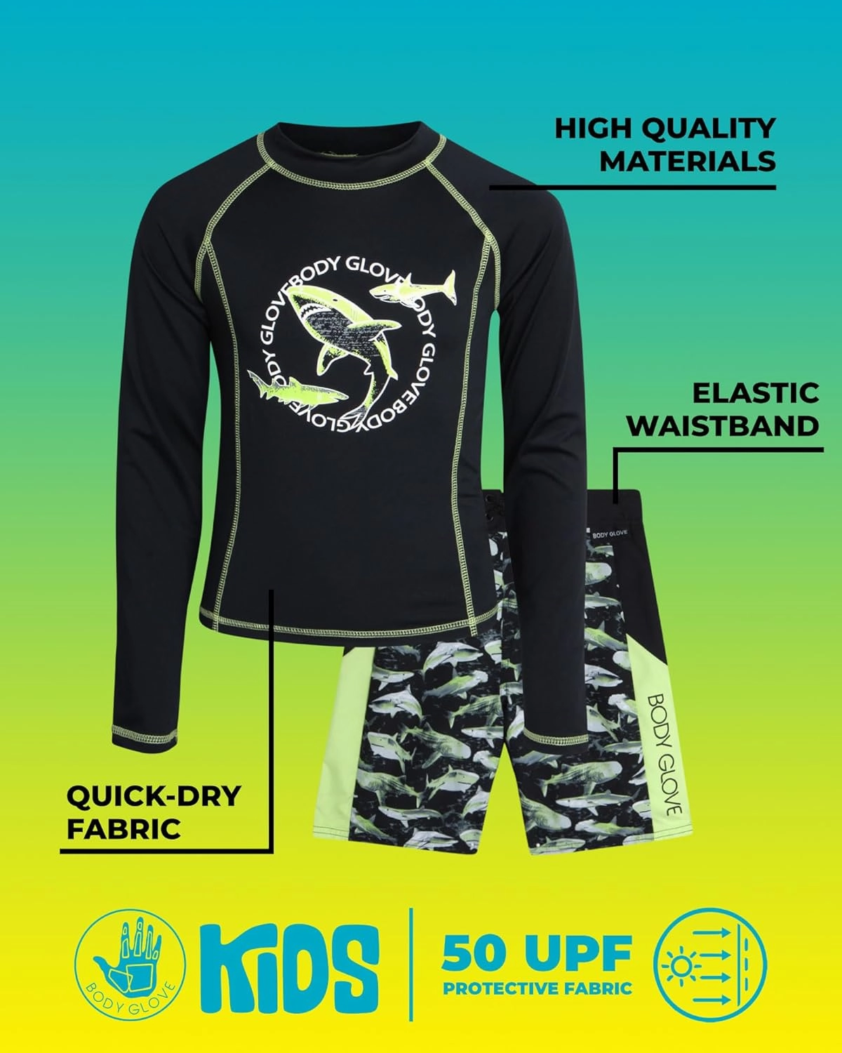 Body Glove Boys Swim Set - 2 Piece UPF 50  Swim Trunks and Rash Guard for Boys Kids Swimwear Set (Sizes: 4-12)