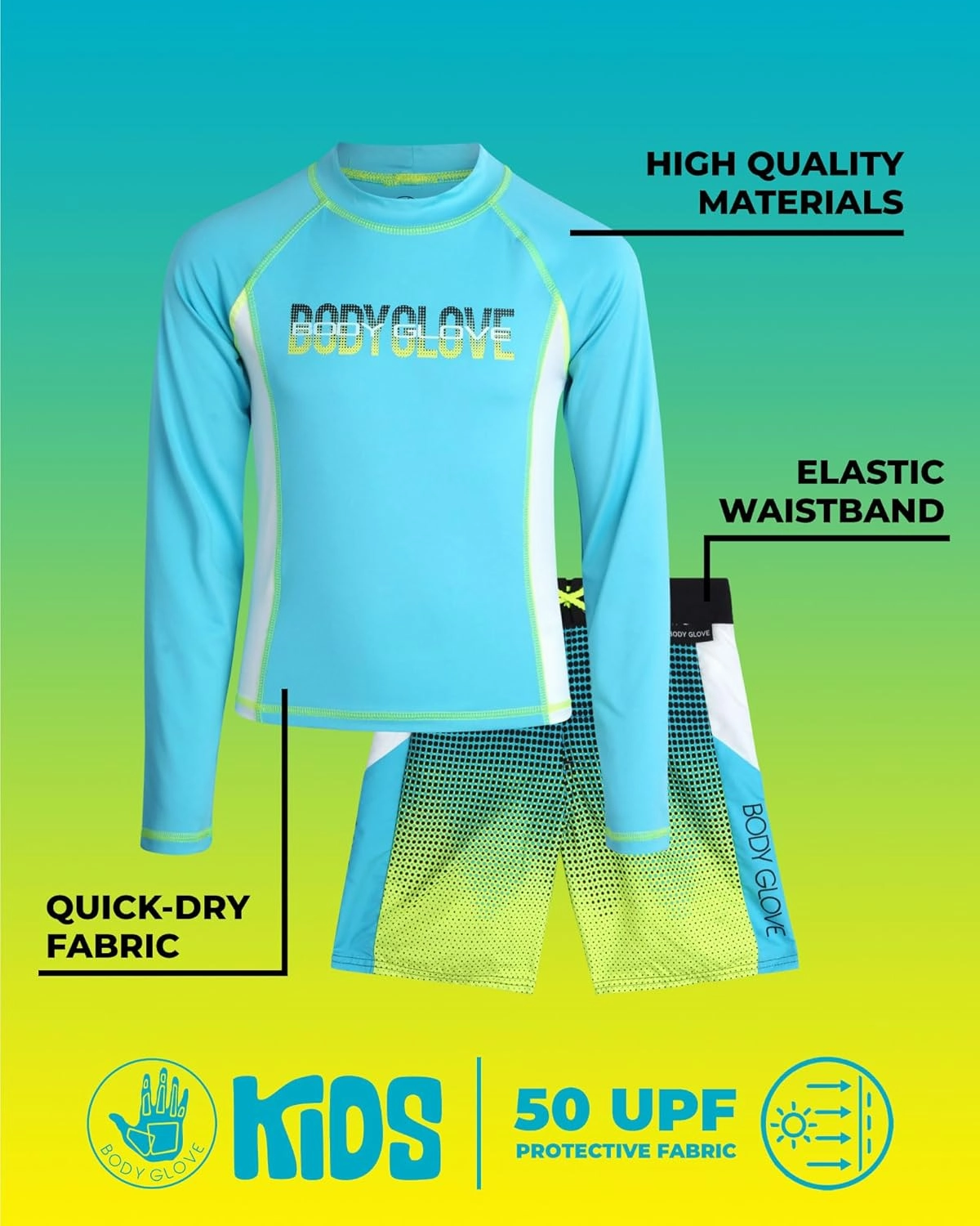 Body Glove Boys Swim Set - 2 Piece UPF 50  Swim Trunks and Rash Guard for Boys Kids Swimwear Set (Sizes: 4-12)
