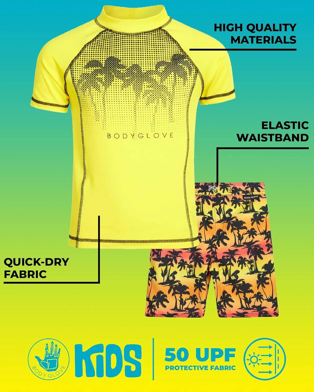 Body Glove Boys Swim Set - 4 Piece UPF 50  Swim Trunks and Rash Guard for Boys Kids Swimwear Set (Sizes: 4-12)