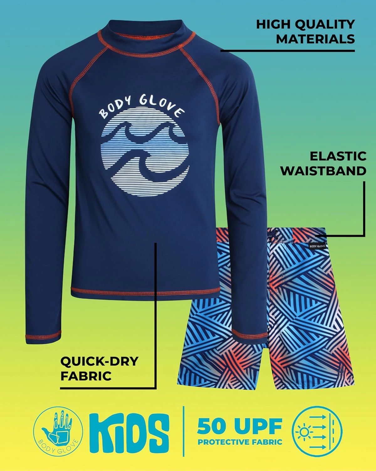 Body Glove Boys Swim Set - 4 Piece UPF 50  Swim Trunks and Rash Guard for Boys Kids Swimwear Set (Sizes: 4-12)