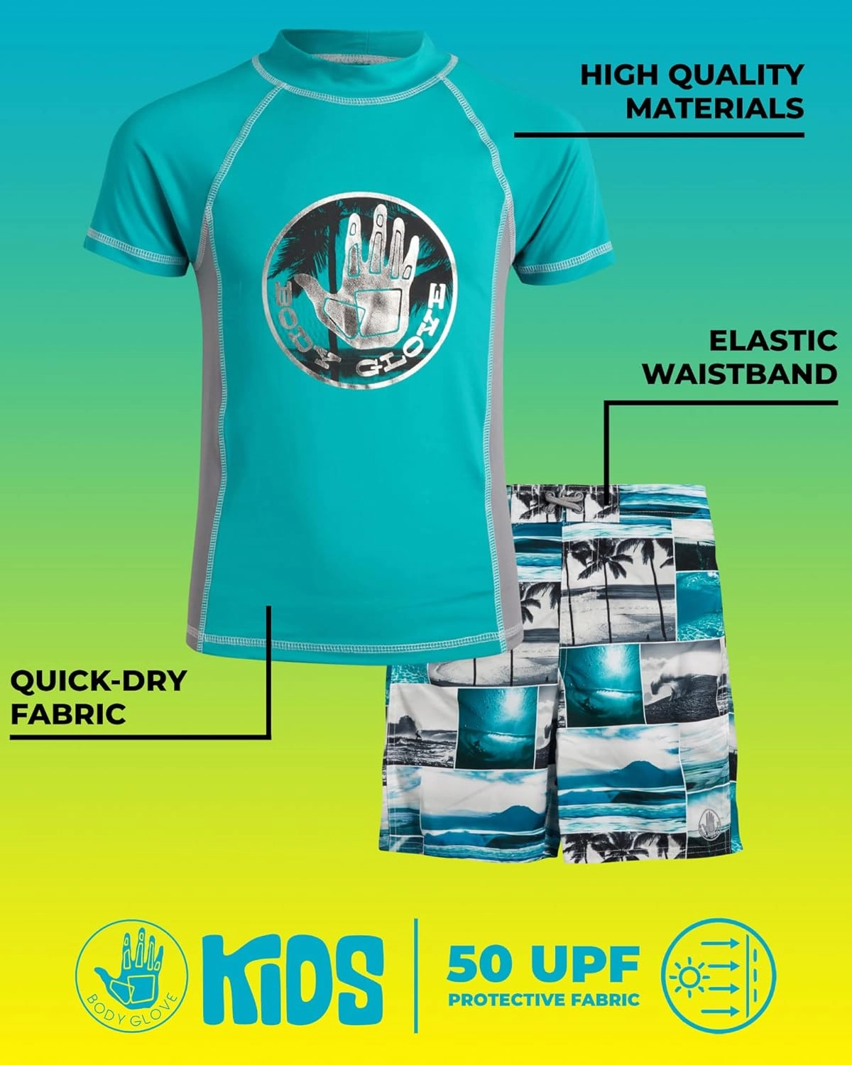 Body Glove Boys Swim Set - 4 Piece UPF 50  Swim Trunks and Rash Guard for Boys Kids Swimwear Set (Sizes: 4-12)