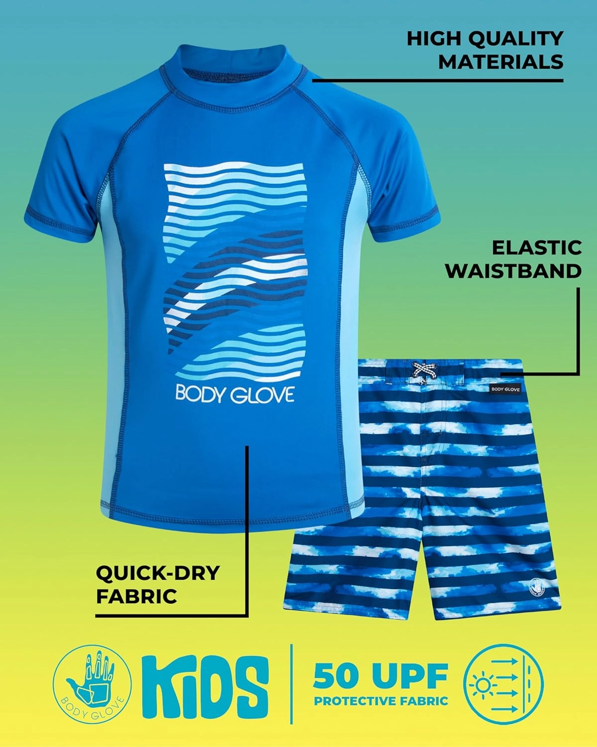 Body Glove Boys Swim Set - 4 Piece UPF 50  Swim Trunks and Rash Guard for Boys Kids Swimwear Set (Sizes: 4-12)