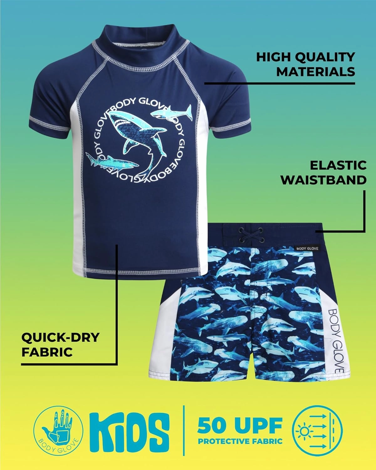 Body Glove Boys Swim Set - 4 Piece UPF 50  Swim Trunks and Rash Guard for Boys Kids Swimwear Set (Sizes: 4-12)