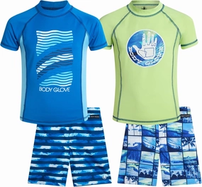 Body Glove Boys Swim Set - 4 Piece UPF 50  Swim Trunks and Rash Guard for Boys Kids Swimwear Set (Sizes: 4-12)