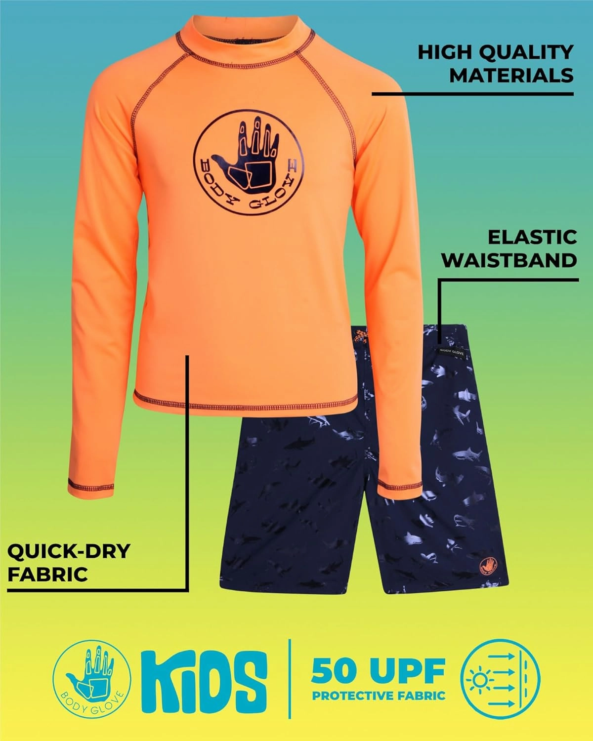 Body Glove Boys Swim Set - Boys Swim Trunks with Rash Guard UPF50  2 Piece Bathing Suits with Shorts Swimsuit Set (Size 4-12)