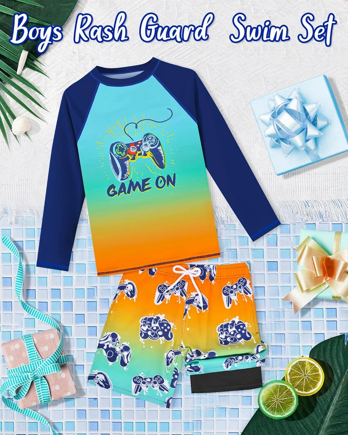 Boys Rash Guard Swim Set with Swim Trunks Bathing Suit Long Sleeve Swim Shirt Quick Dry Swimsuit Kids Swimwear Size 7-16