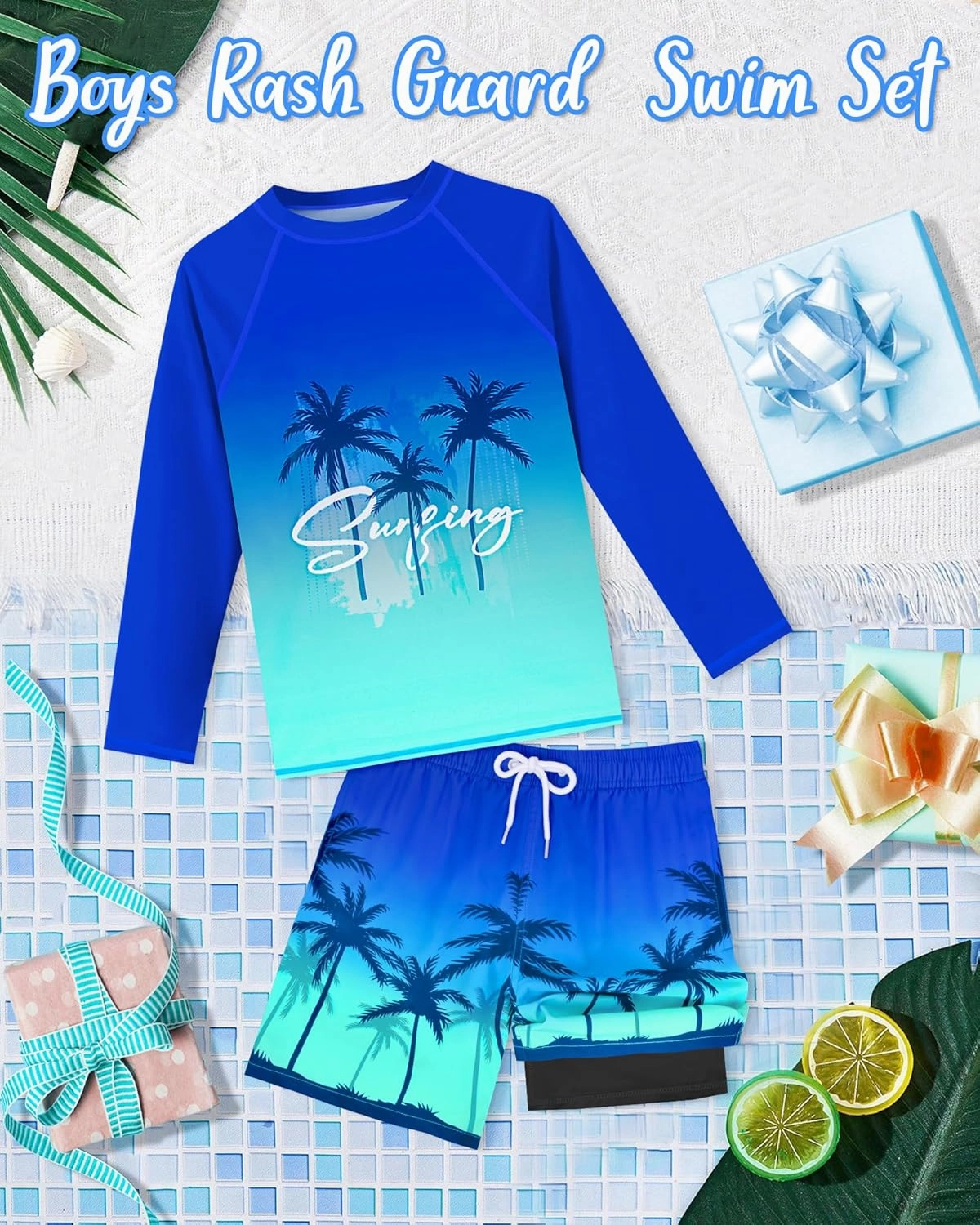 Boys Rash Guard Swim Set with Swim Trunks Bathing Suit Long Sleeve Swim Shirt Quick Dry Swimsuit Kids Swimwear Size 7-16