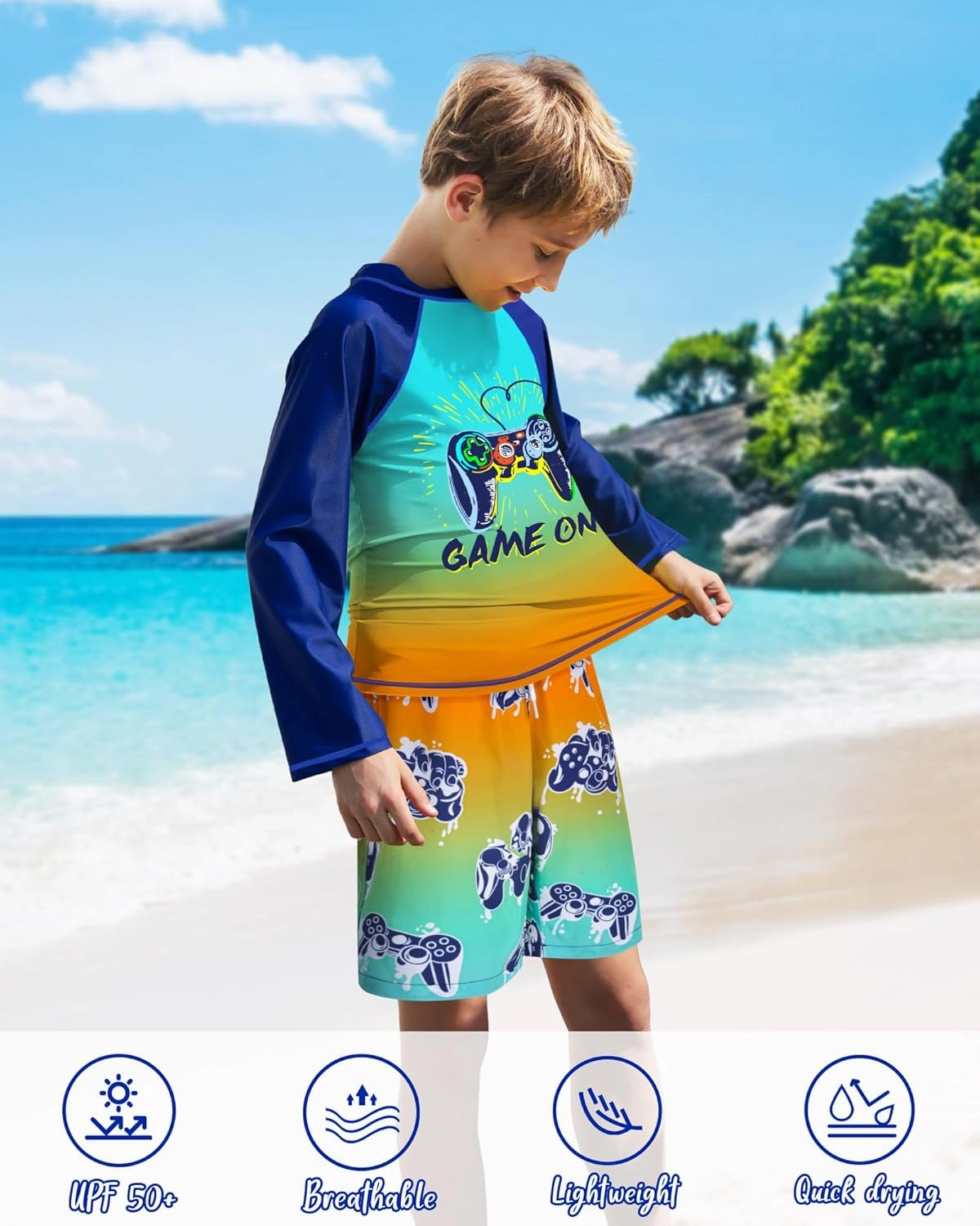 Boys Rash Guard Swim Set with Swim Trunks Bathing Suit Long Sleeve Swim Shirt Quick Dry Swimsuit Kids Swimwear Size 7-16