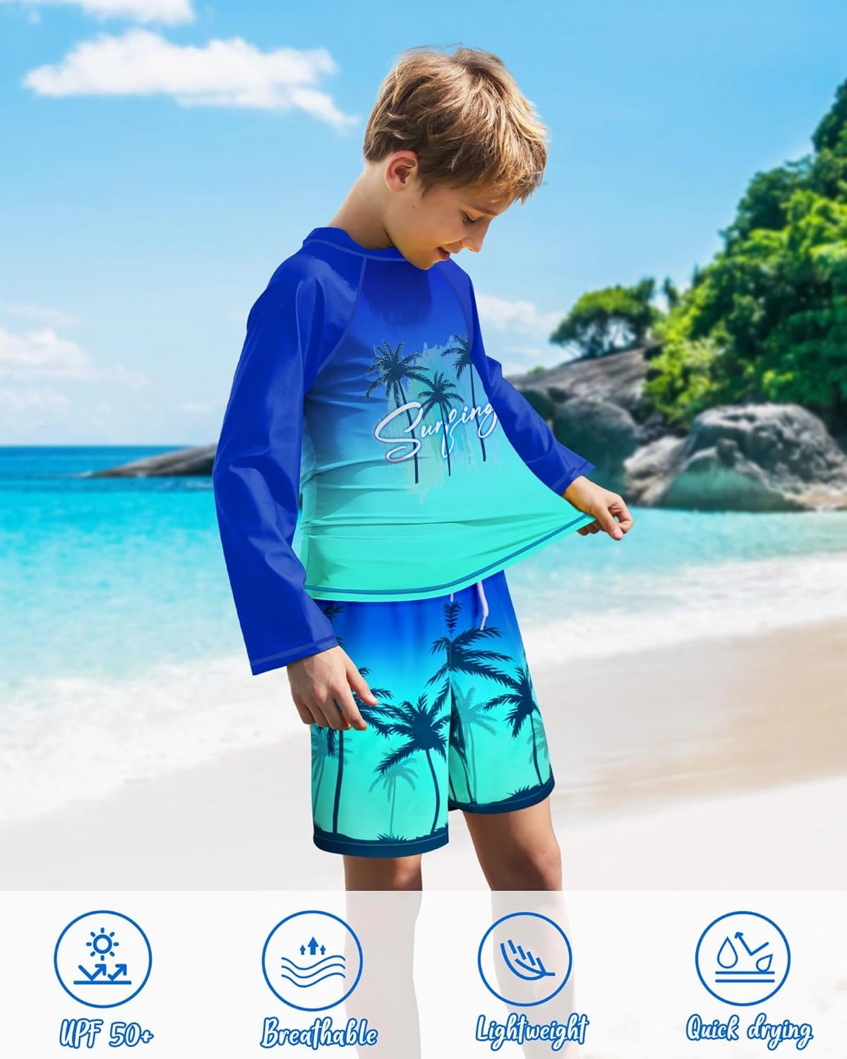 Boys Rash Guard Swim Set with Swim Trunks Bathing Suit Long Sleeve Swim Shirt Quick Dry Swimsuit Kids Swimwear Size 7-16