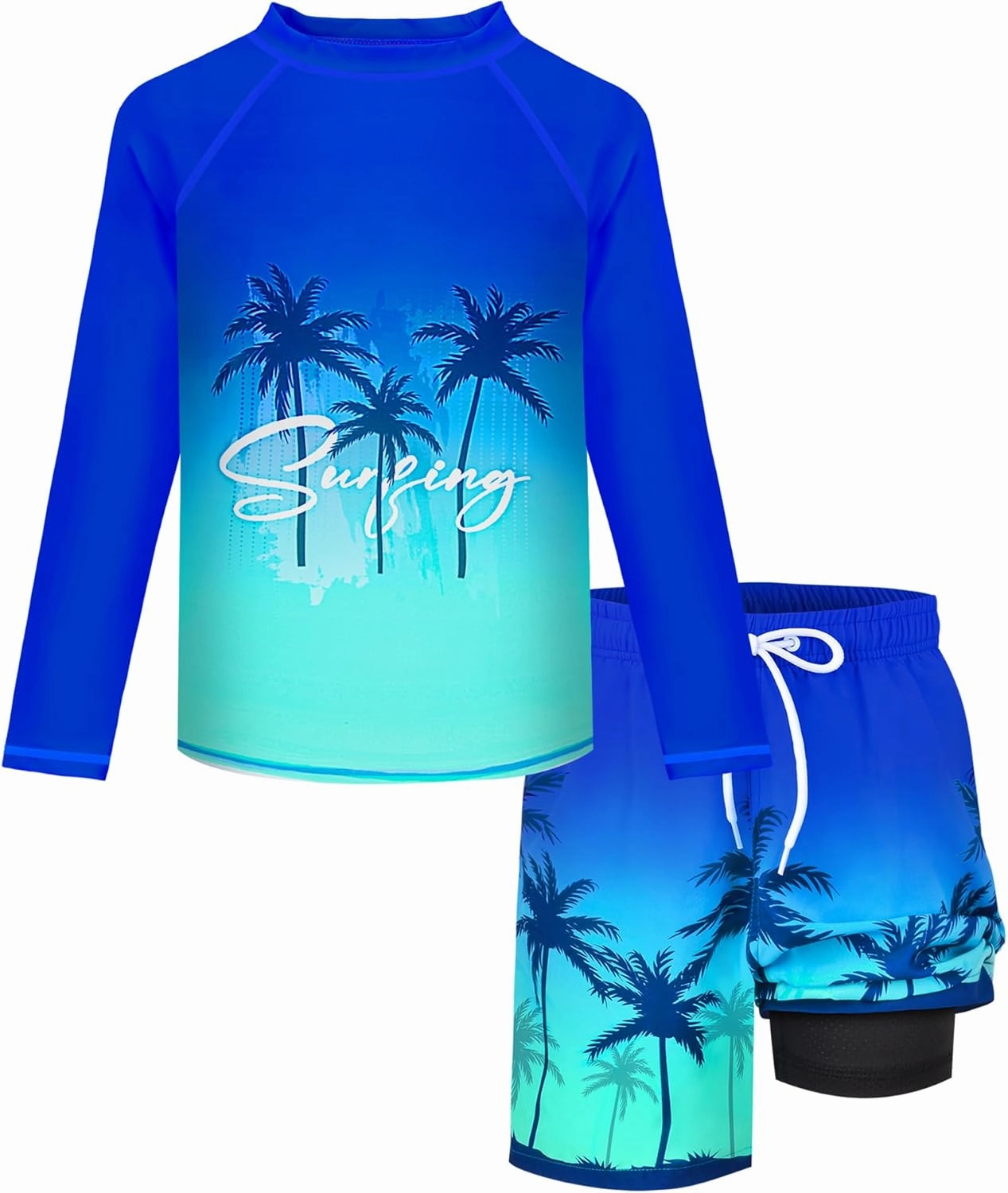 Boys Rash Guard Swim Set with Swim Trunks Bathing Suit Long Sleeve Swim Shirt Quick Dry Swimsuit Kids Swimwear Size 7-16