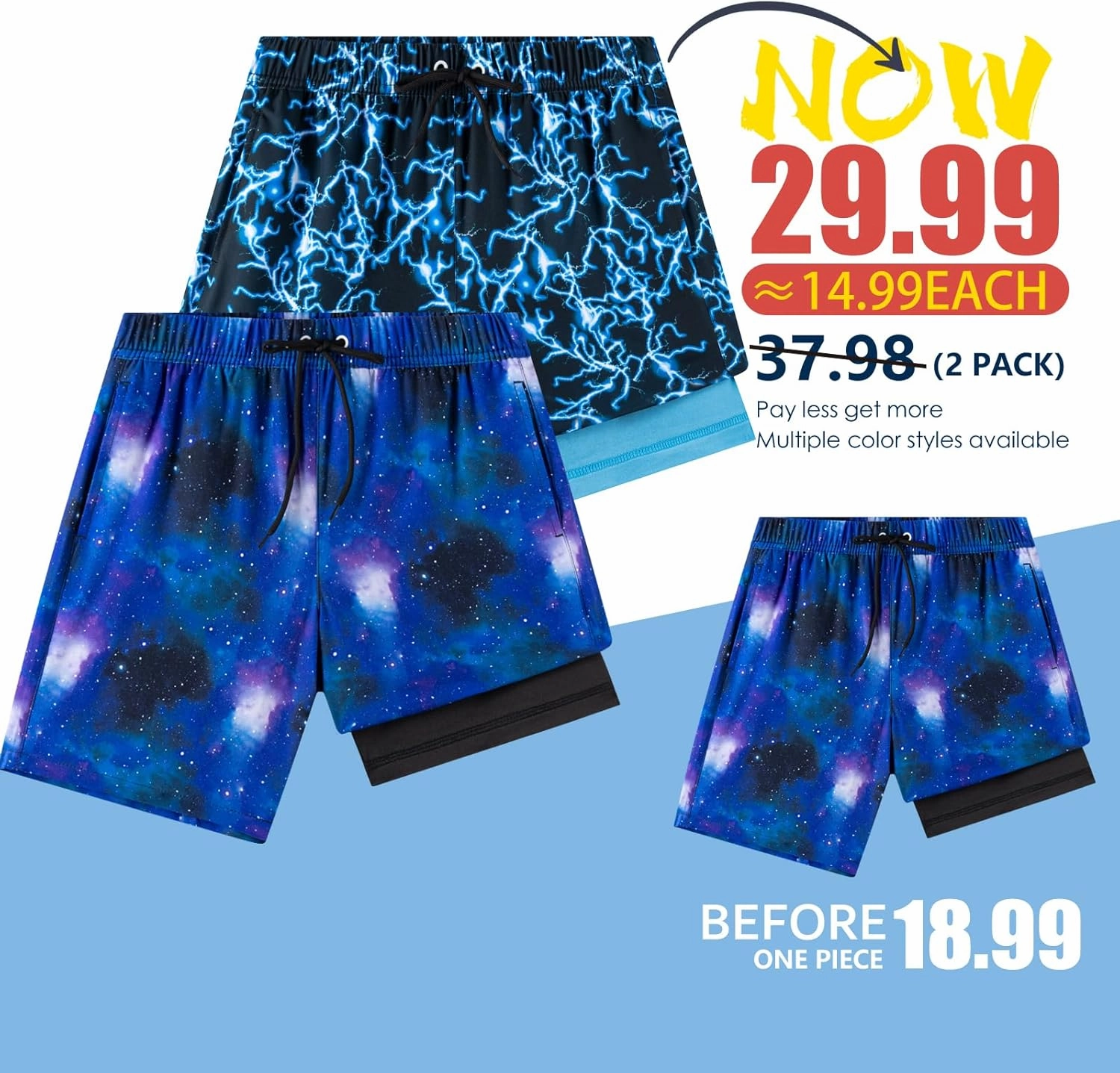 Boys Swim Trunks 2 Pack, Bathing Suit with Compression Liner, UPF 50 , Beach Shorts for 5-16 Years