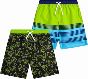 Boys Swim Trunks - 2 Pack Quick Dry Printed Boys Board Shorts Bathing Suit Kids Swimwear with Pockets (Size:8-18)