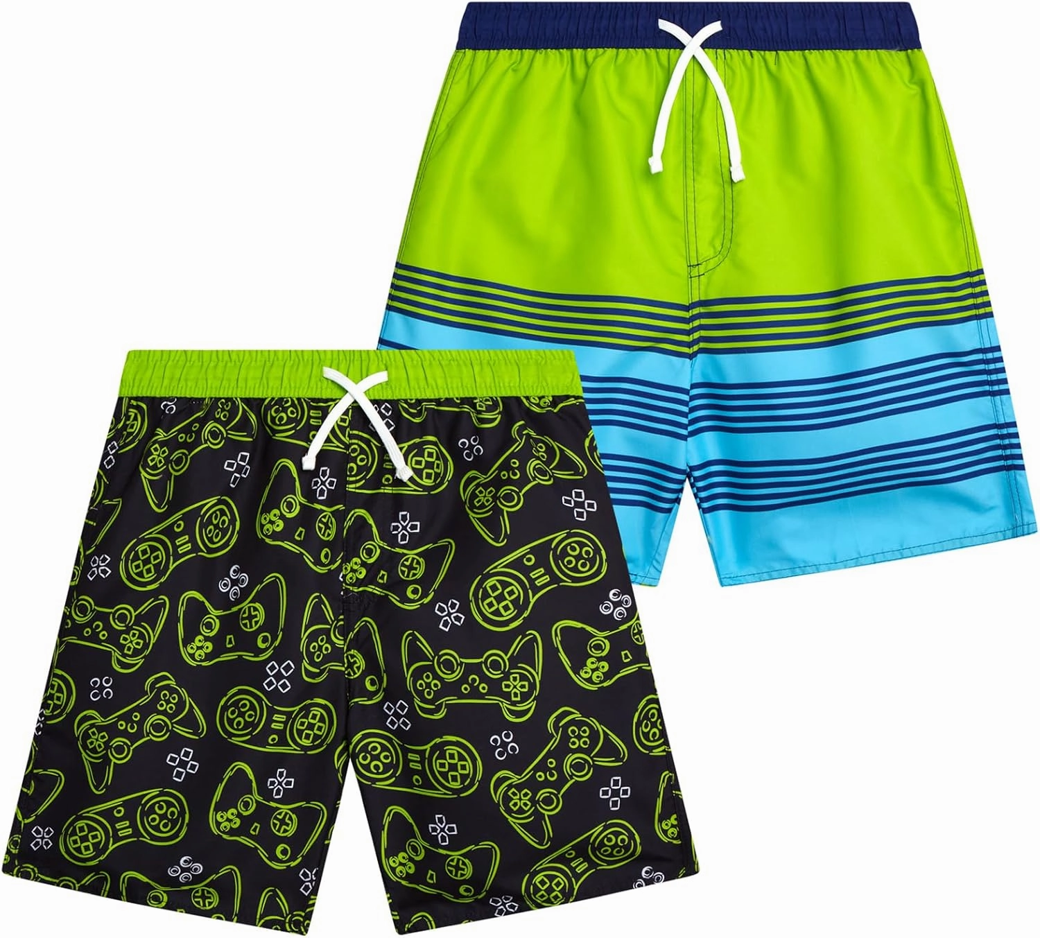 Boys Swim Trunks - 2 Pack Quick Dry Printed Boys Board Shorts Bathing Suit Kids Swimwear with Pockets (Size:8-18)