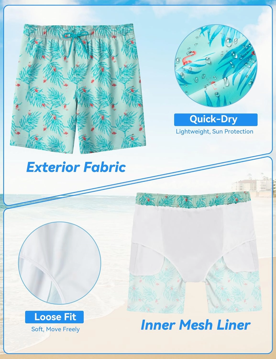 Boys Swim Trunks Quick-Dry w/Ultra Soft Jersey Lining Premium Eco Material UPF 50 