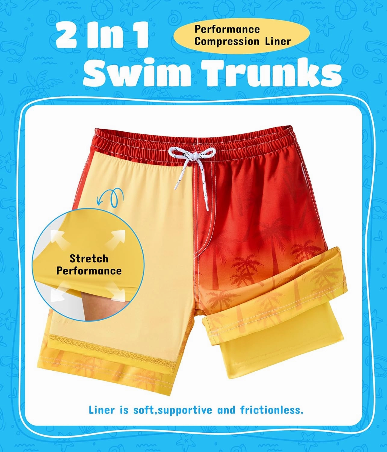 Boys Swim Trunks with Compression Liner Boys Quick Dry 2 in 1 Swim Shorts Summer Beach Shorts