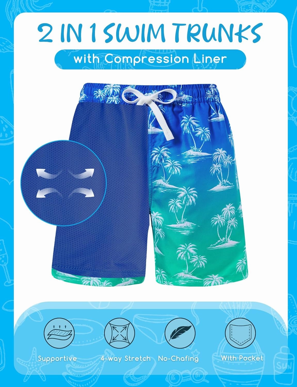 Boys Swim Trunks with Compression Liner for 6-20 Years Kids Quick Dry Bathing Suit