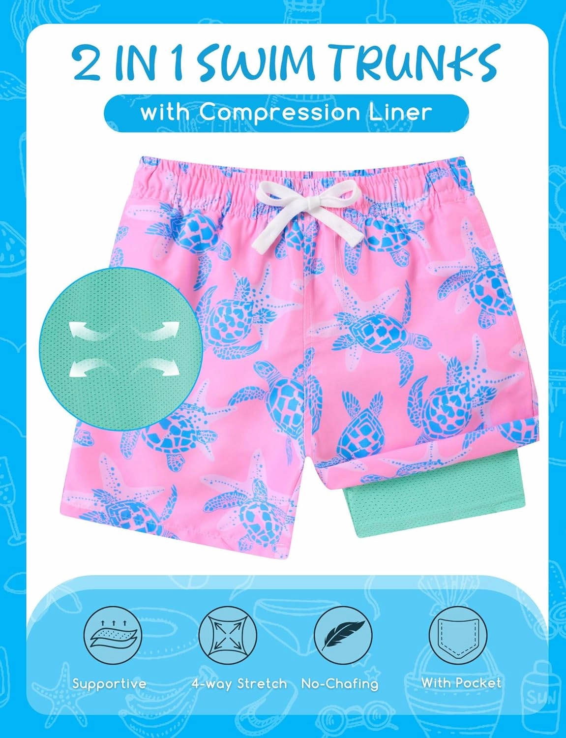 Boys Swim Trunks with Compression Liner for 6-20 Years Kids Quick Dry Bathing Suit