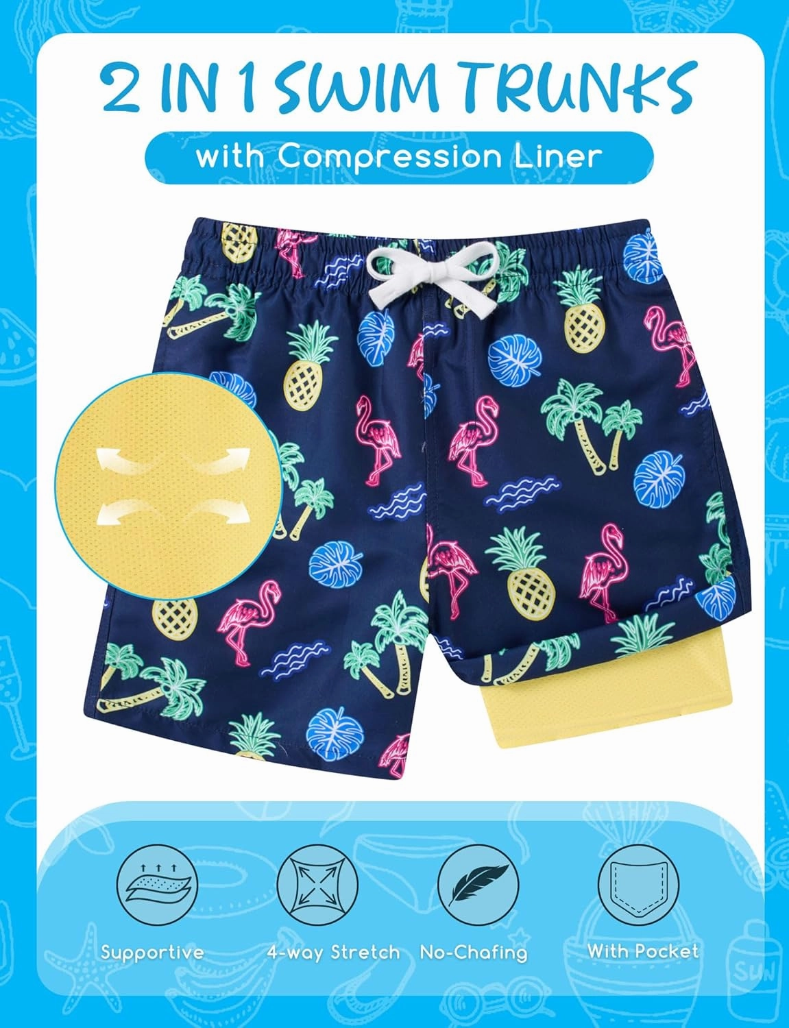 Boys Swim Trunks with Compression Liner for 6-20 Years Kids Quick Dry Bathing Suit
