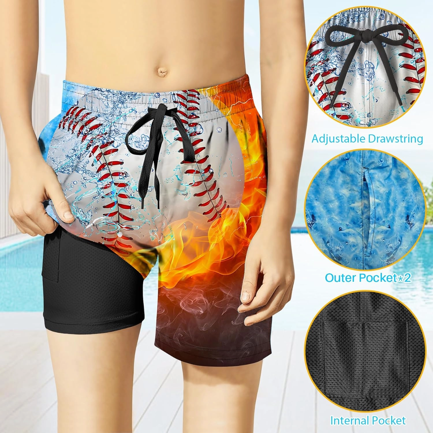 Boys Swim Trunks with Compression Liner for 7-16 Years,Quick-Dry Swim Shorts for Kids Teen,Sun Protection Swimming Trunks