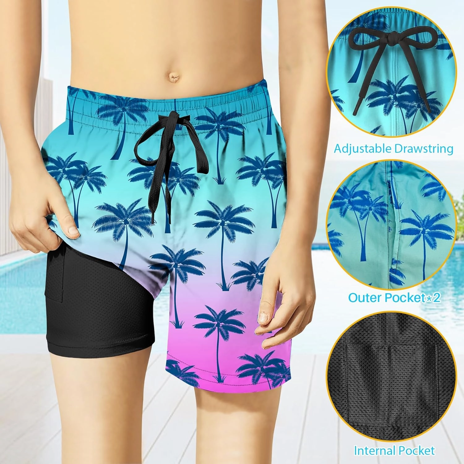 Boys Swim Trunks with Compression Liner for 7-16 Years,Quick-Dry Swim Shorts for Kids Teen,Sun Protection Swimming Trunks
