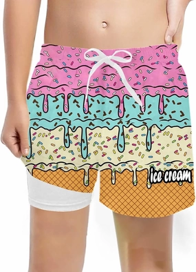 Boys Swim Trunks with Compression Liner Summer Beach Gradient Color Shorts Drawstring High Waisted Kids Swimwear