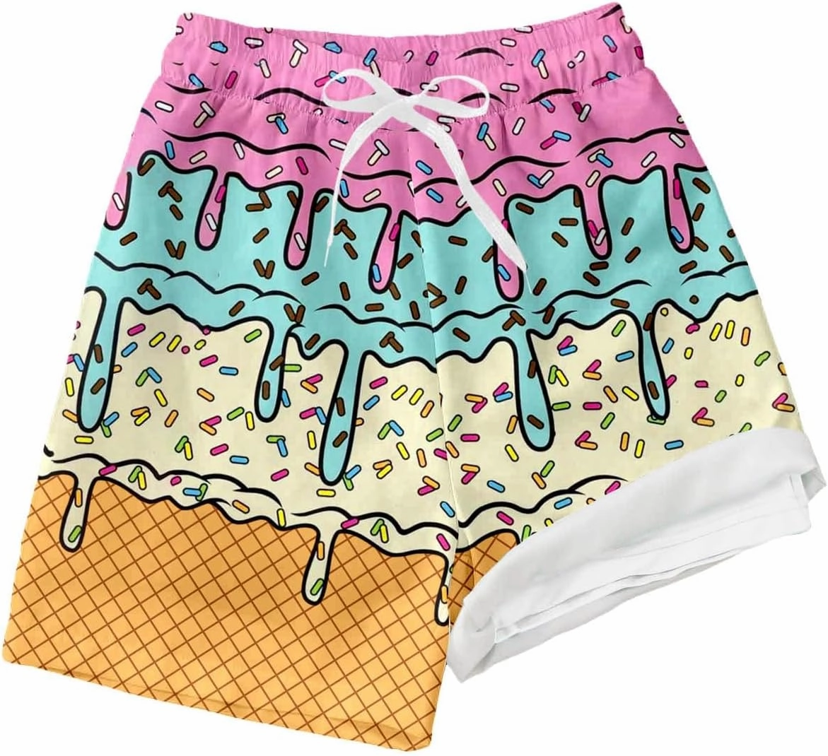 Boys Swim Trunks with Compression Liner Summer Beach Gradient Color Shorts Drawstring High Waisted Kids Swimwear