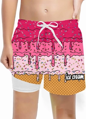 Boys Swim Trunks with Compression Liner Summer Beach Gradient Color Shorts Drawstring High Waisted Kids Swimwear