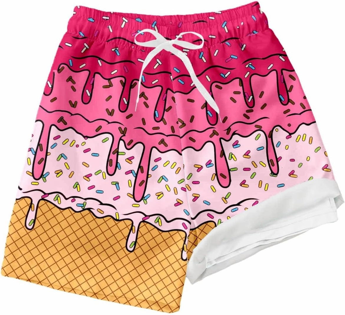 Boys Swim Trunks with Compression Liner Summer Beach Gradient Color Shorts Drawstring High Waisted Kids Swimwear