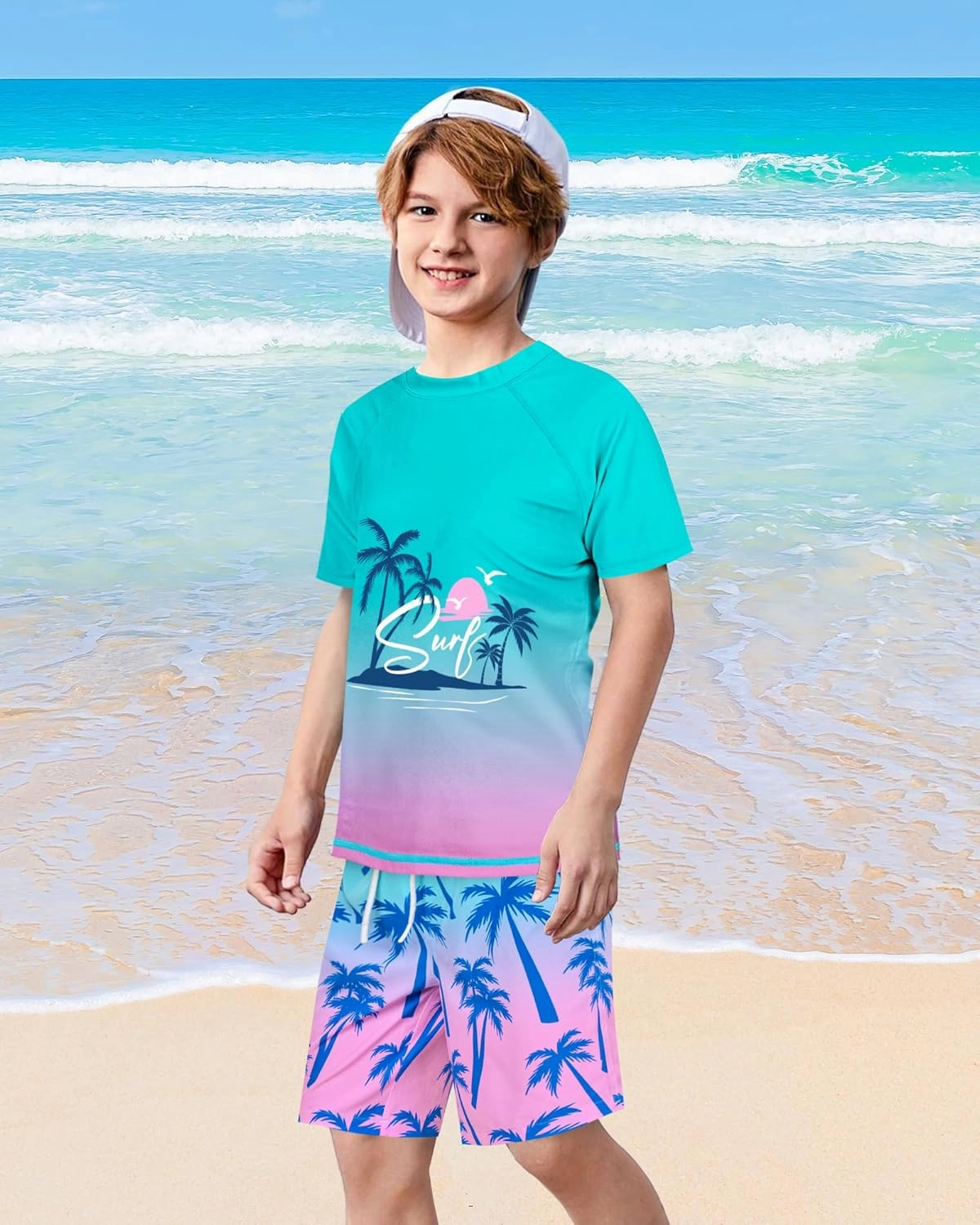 Boys Two Piece Rash Guard and Swim Trunks Outfit Set Kids Short Sleeve Swimsuit