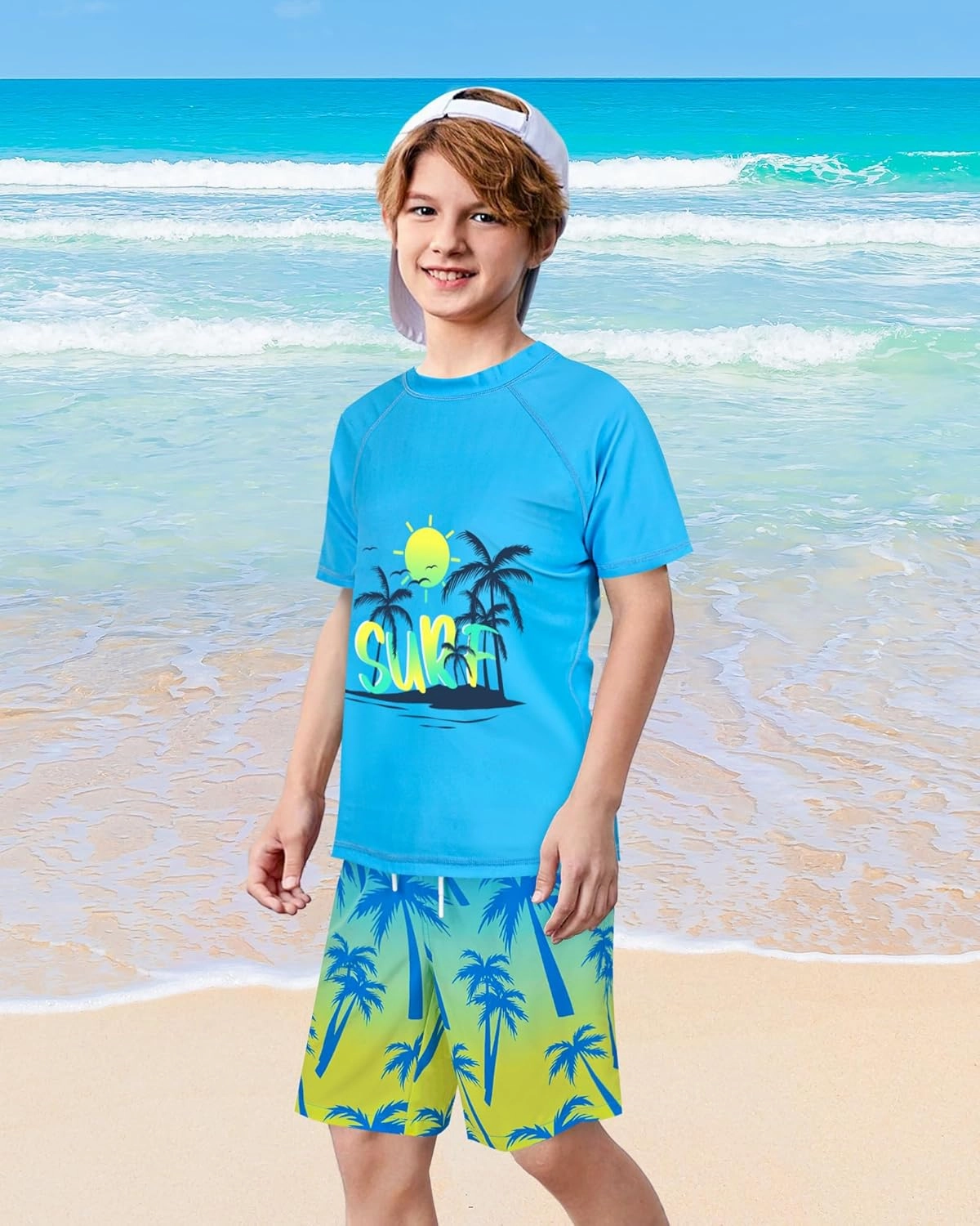 Boys Two Piece Rash Guard and Swim Trunks Outfit Set Kids Short Sleeve Swimsuit