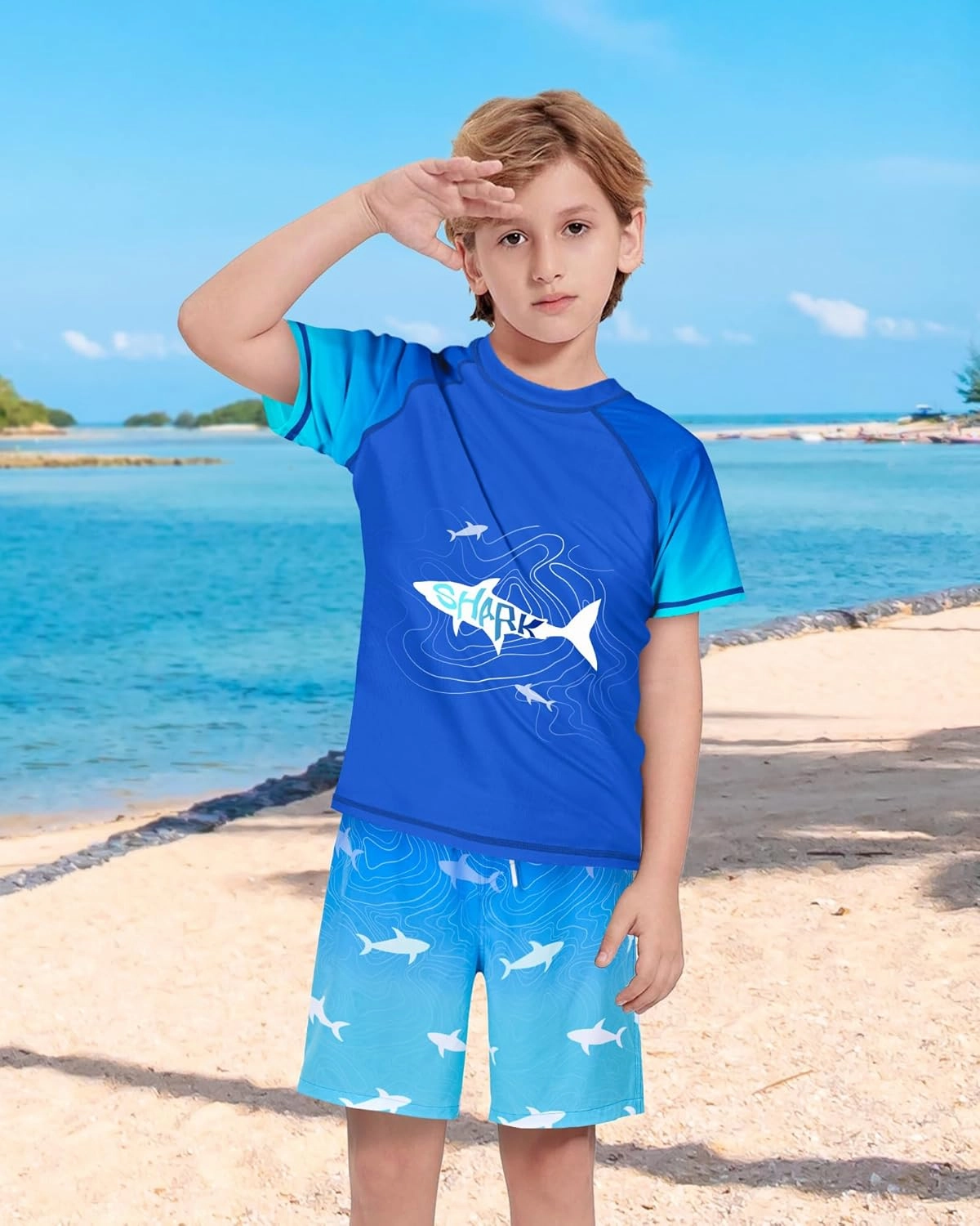 Boys Two Piece Rash Guard and Swim Trunks Outfit Set Kids Short Sleeve Swimsuit