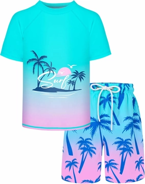 Boys Two Piece Rash Guard and Swim Trunks Outfit Set Kids Short Sleeve Swimsuit
