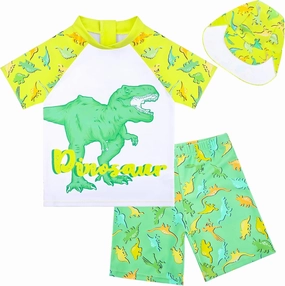 Boys Two Piece Rash Guard Swimsuits Kids Short Sleeve Swimwear Sets Bathing Suit with Sun Hat for 2-6 Years