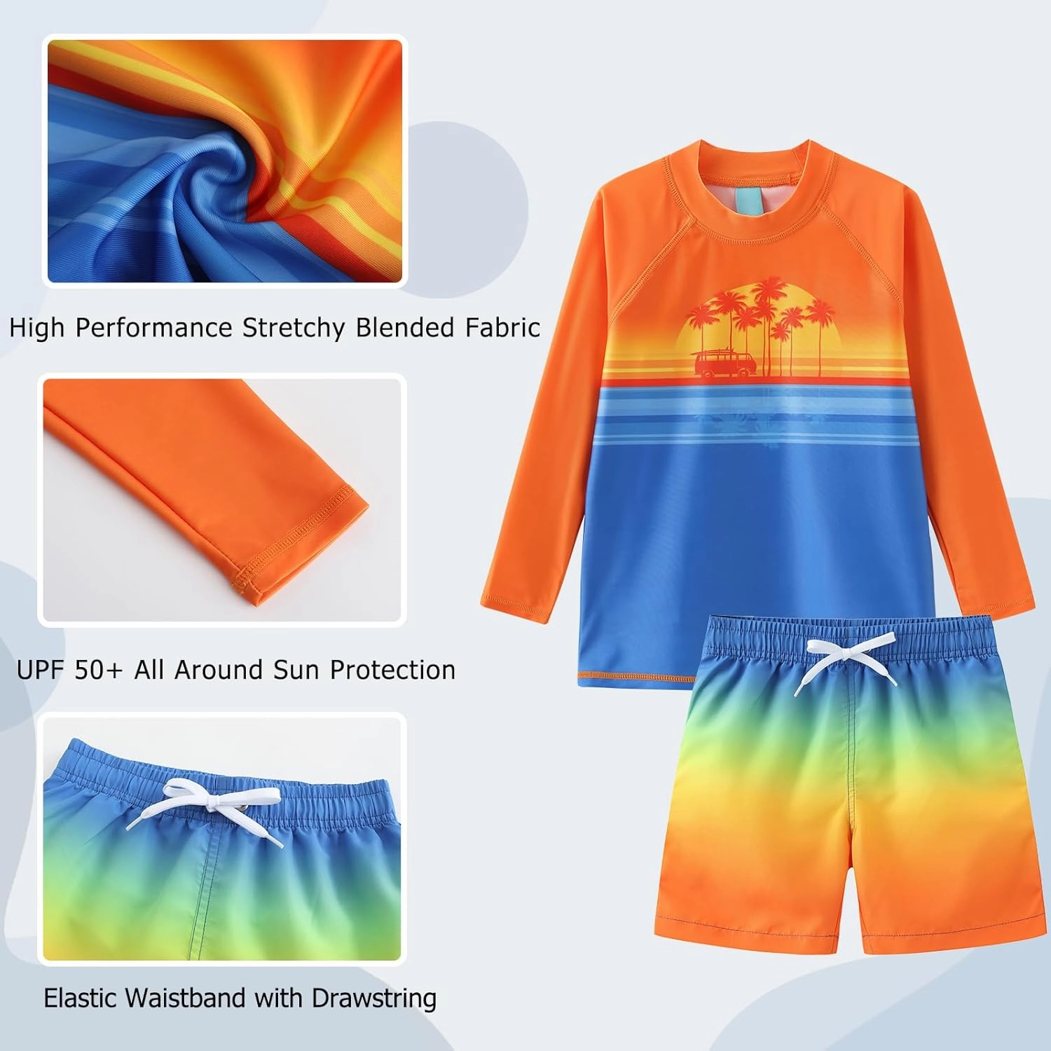 Boys Two Piece Rash Guard Swimsuits Set with Swim Trunk Kids Long Sleeve Bathing Suit Swimwear Set