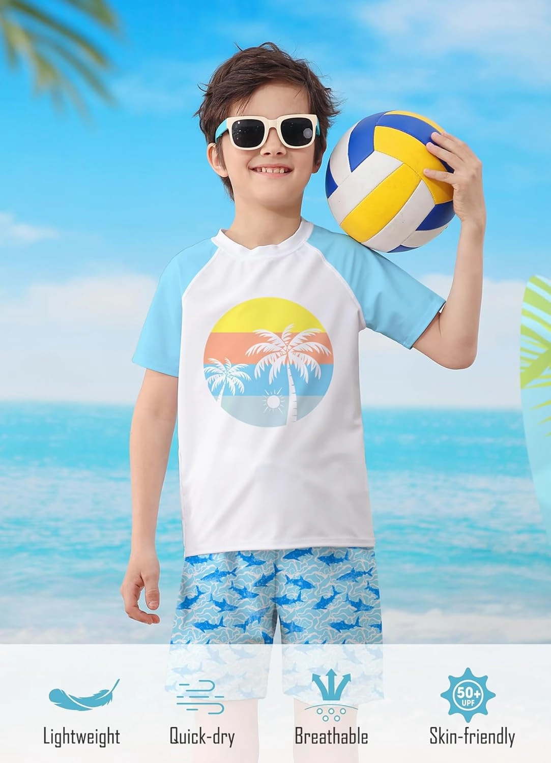 Boys Two Piece Rash Guard Swimsuits Sets Bathing Suits with Trunks 4-12 Years