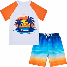Boys Two Piece Rash Guard Swimsuits Sets Bathing Suits with Trunks 4-12 Years