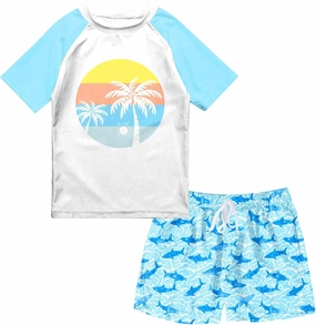 Boys Two Piece Rash Guard Swimsuits Sets Bathing Suits with Trunks 4-12 Years
