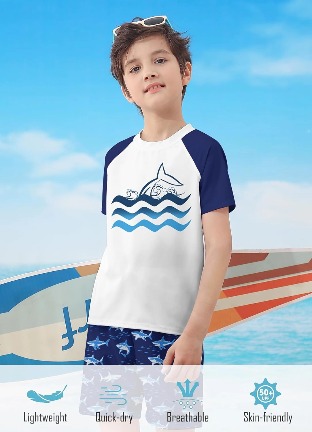 Boys Two Piece Rash Guard Swimsuits Sets Bathing Suits with Trunks 4-12 Years