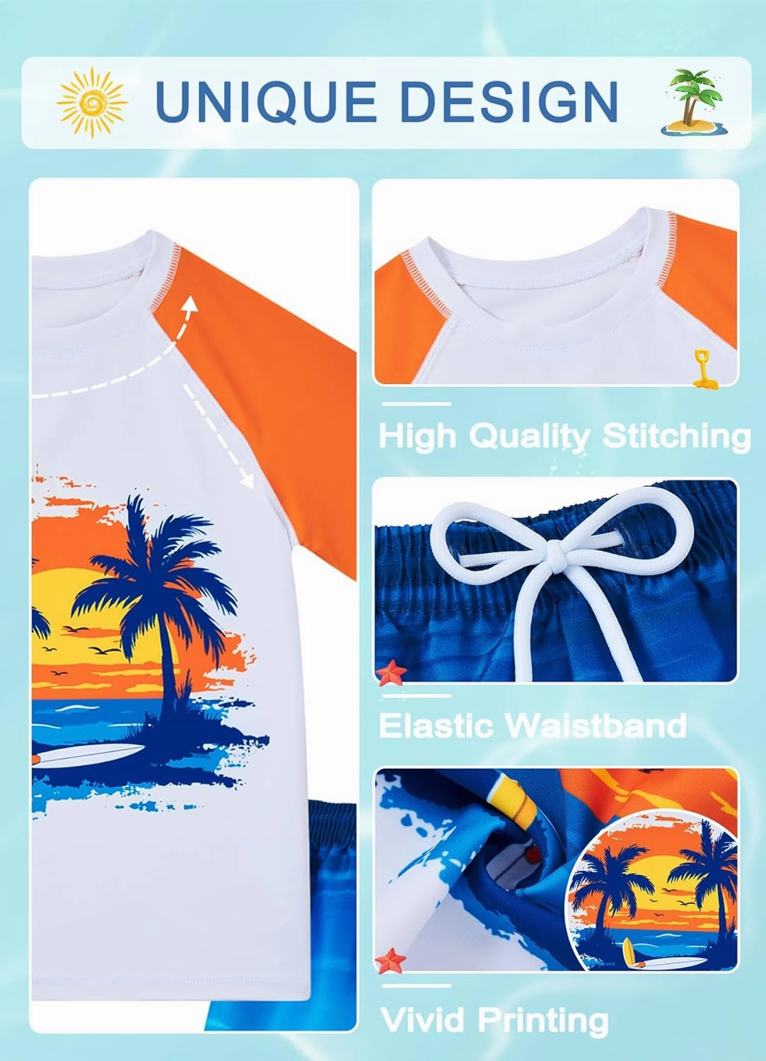 Boys Two Piece Rash Guard Swimsuits Sets Bathing Suits with Trunks 4-12 Years