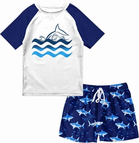 Boys Two Piece Rash Guard Swimsuits Sets Bathing Suits with Trunks 4-12 Years