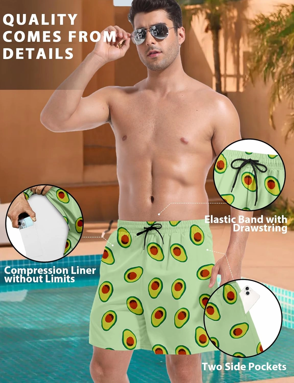 Buauty Mens Swim Trunks with Compression Liner 5 Inch Inseam Quick Dry Swim Shorts Mens Swimsuit Board Shorts with Pockets