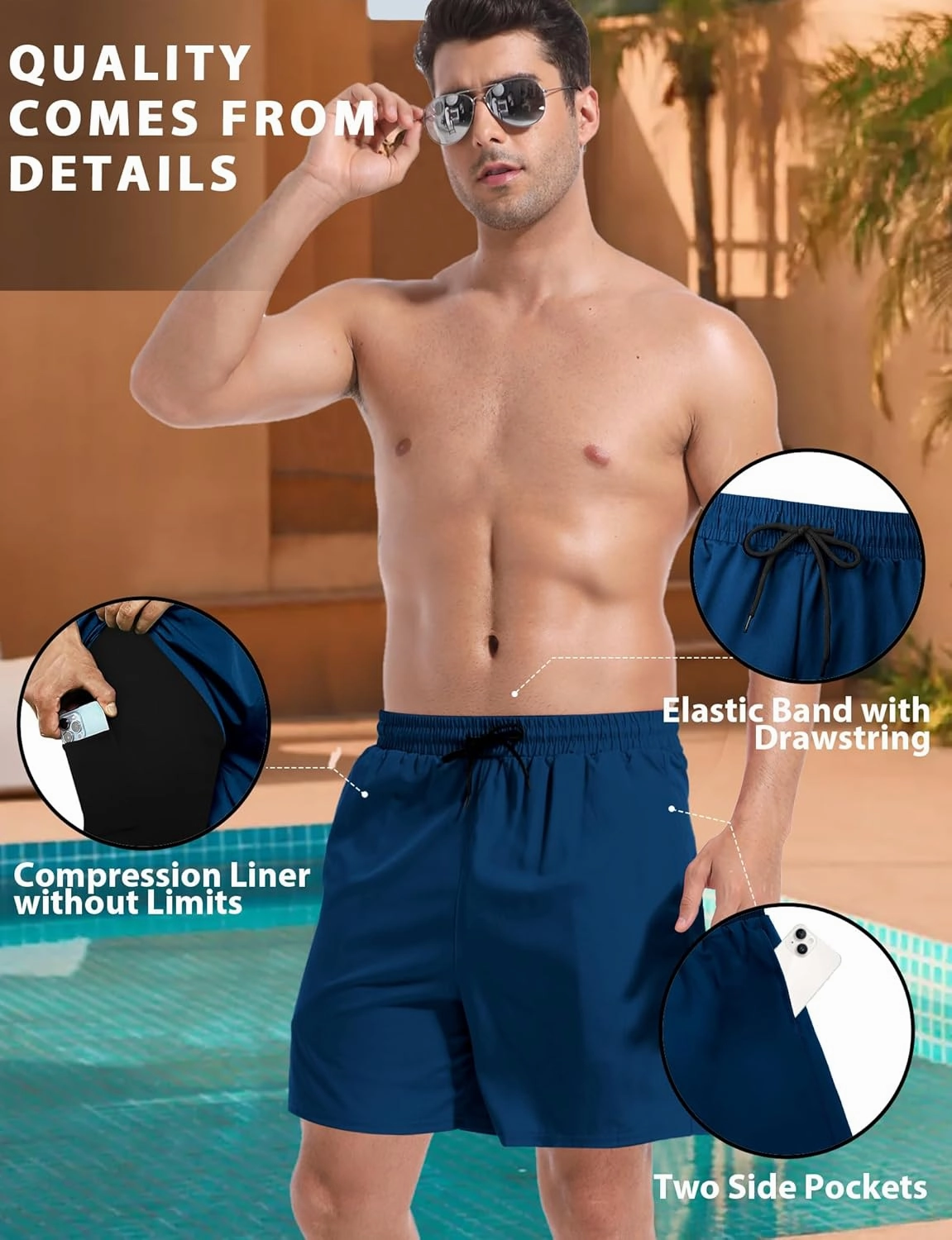 Buauty Mens Swim Trunks with Compression Liner 5 Inch Inseam Quick Dry Swim Shorts Mens Swimsuit Board Shorts with Pockets