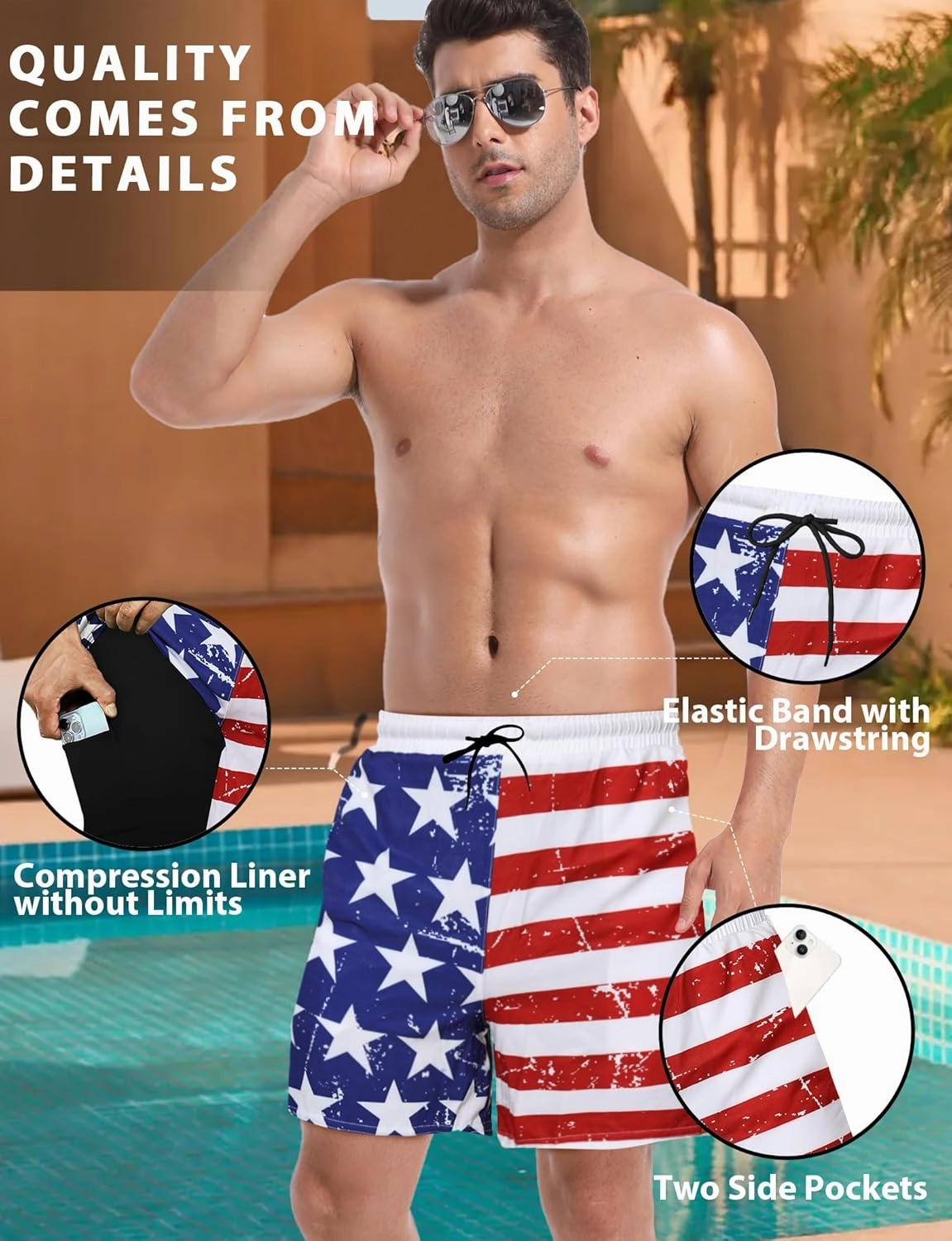 Buauty Mens Swim Trunks with Compression Liner 5 Inch Inseam Quick Dry Swim Shorts Mens Swimsuit Board Shorts with Pockets