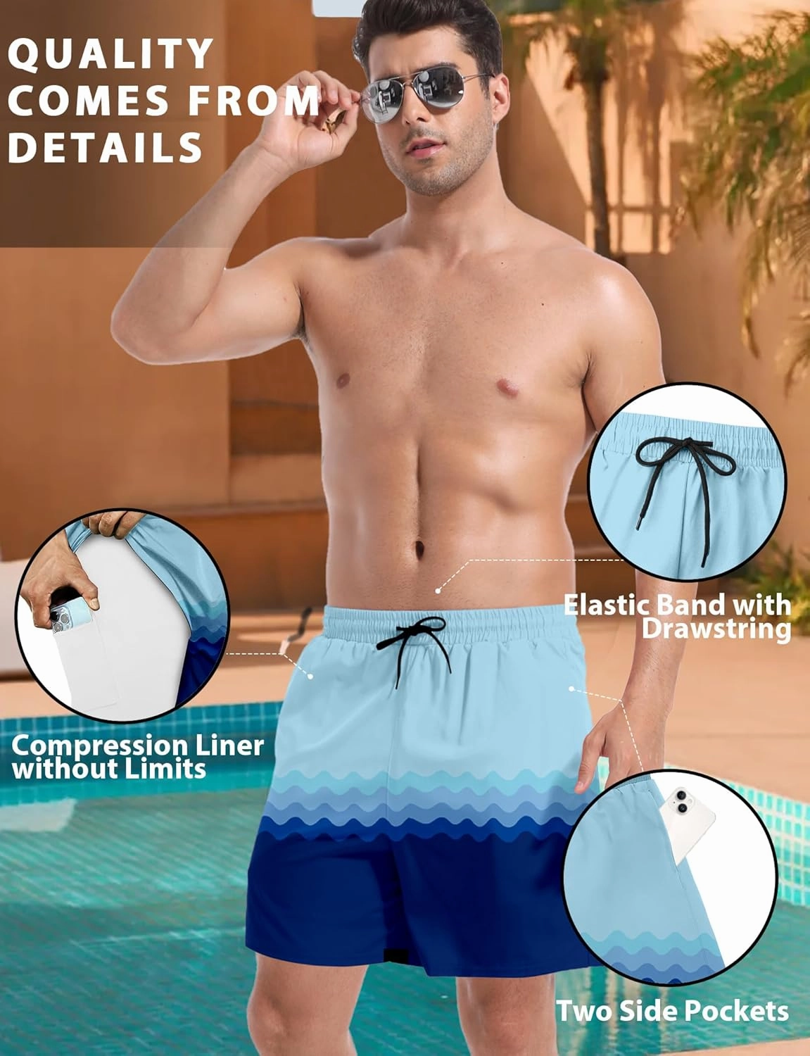 Buauty Mens Swim Trunks with Compression Liner 5 Inch Inseam Swim Shorts Quick Dry Mens Swimsuit Board Shorts with Pockets